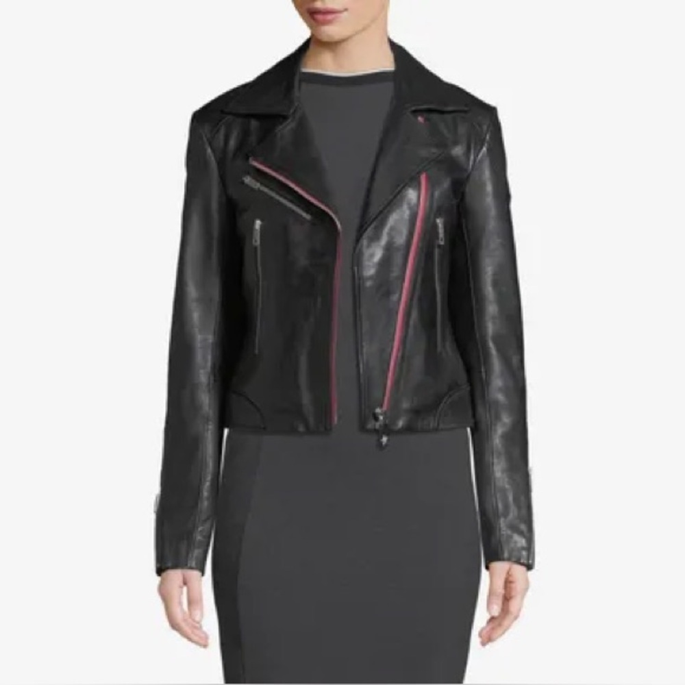 Rag & Bone Griffin Black Leather Moto Jacket with Pink/Red Trim Size 0 NWOT - Picture 2 of 9